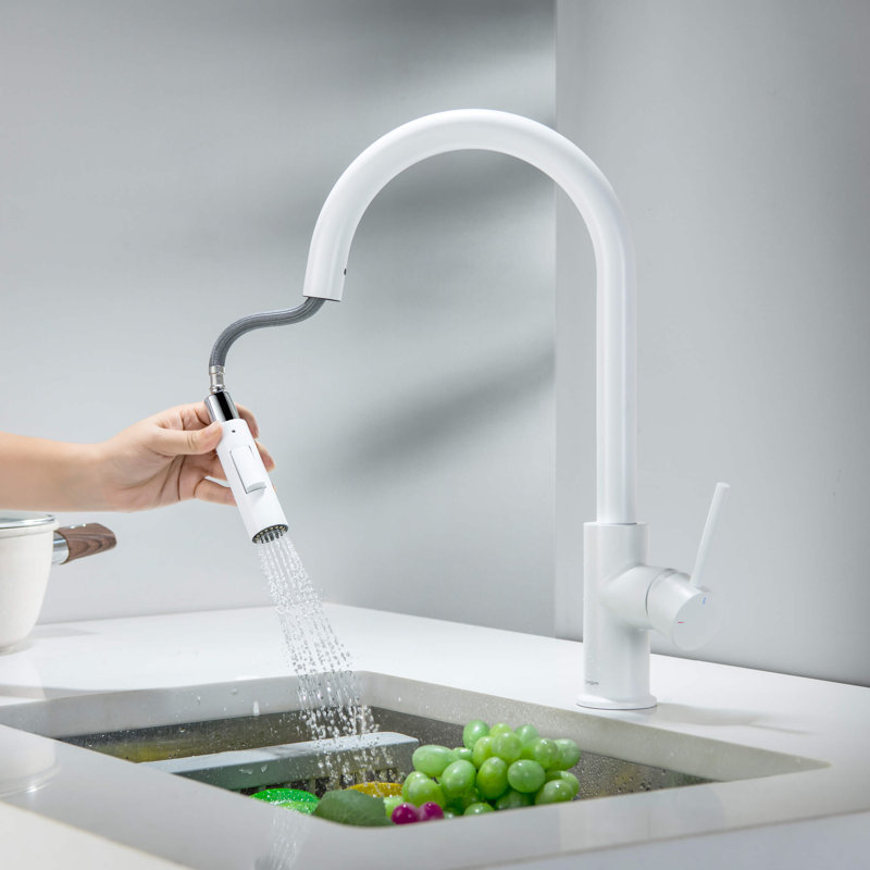 Robinet de cuisine rétractable à poignée simple, Blanc mat