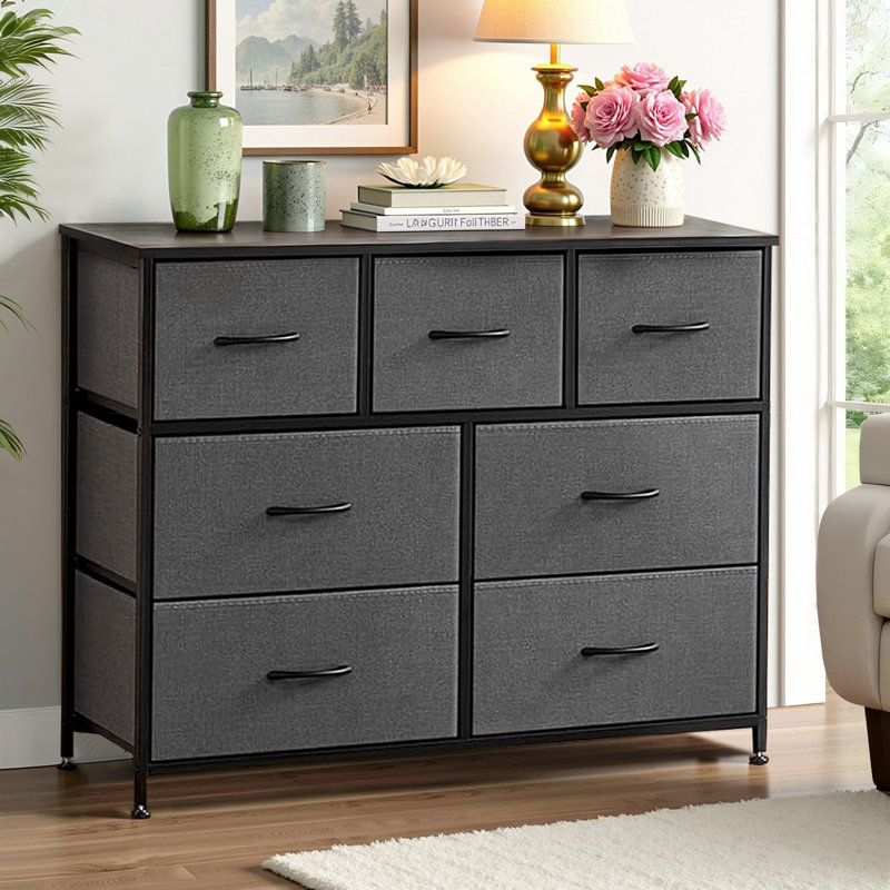 Verdi 7 Drawer 39.3" W Chest of drawer with Wood Top & Fabric Drawer, Gray