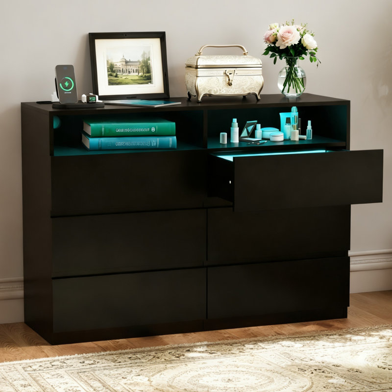 Contemporary Dresser With Smart LED Lighting & Spacious Storage, Black