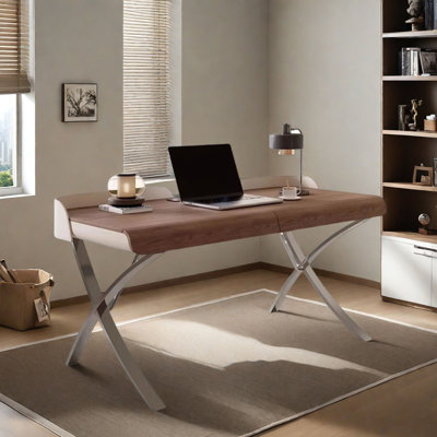 Italian Minimalist Desk: Leather, Metal,Wood