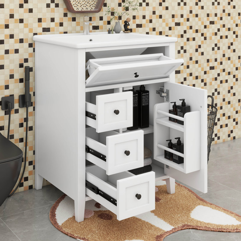 Meuble-lavabo 24 po avec lavabo supérieur, tiroirs et tiroir rabattable, tablette réglable, Blanc