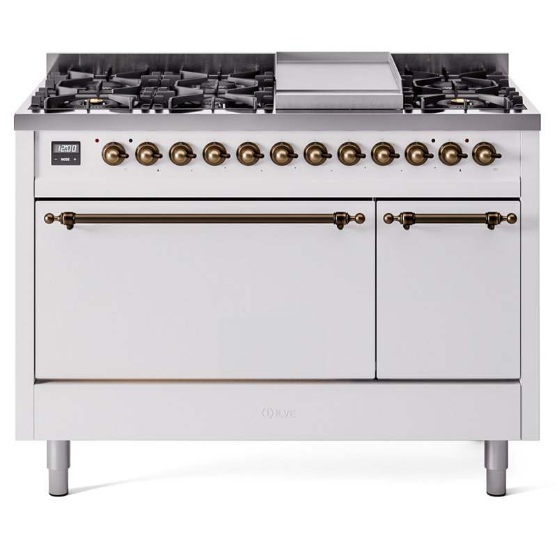ILVE Nostalgie II, cuisinière à double combustible de 48 po, 8 brûleurs, plaque chauffante, Gaz naturel, Blanc / bronze
