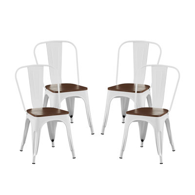 4 chaises de salle à manger industrielles en métal blanc ultrabrillant avec siège en bois de noyer empilable de 18 pouces de hauteur à l'intérieur et à l'extérieur