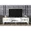 Meuble télé moderne avec détails dorés, 59,1 po x 19,7 po x 11,8 po | 100% panneau de particules enduit de mélamine, épaisseur: 0,7 pouce | Conception géométrique élégante, parfaite pour le salon et les espaces de divertissement-8139946