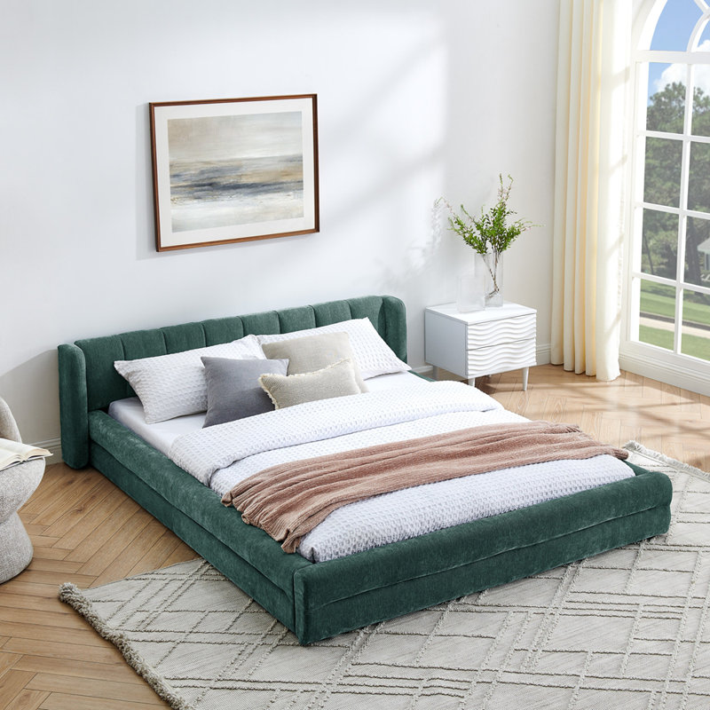 Structure de lit tapissier avec tissu chenille épais, lit plateforme confortable et robuste avec tête de lit élégante