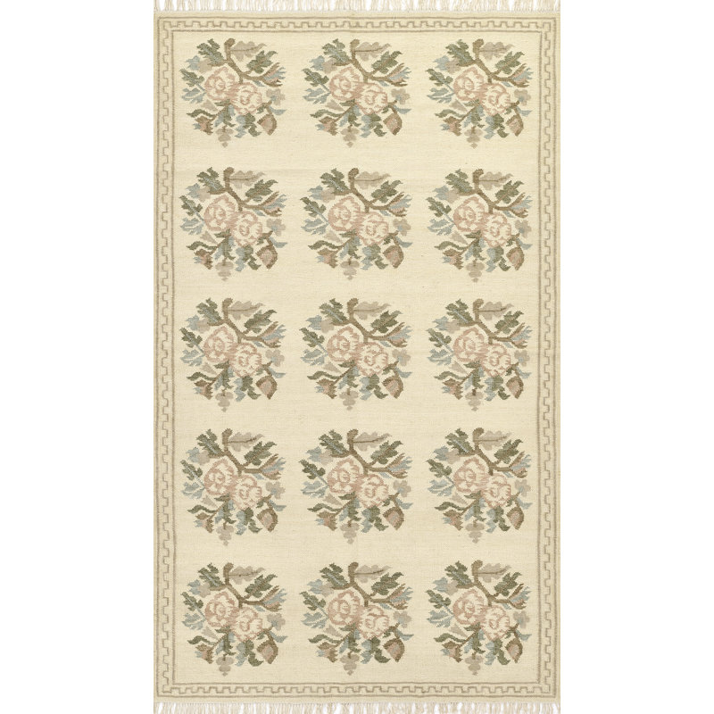 Momeni Florence Floral Hand Woven Wool and Cotton Ivory Area Rug 5' X 7'6", 5' X 7'6"