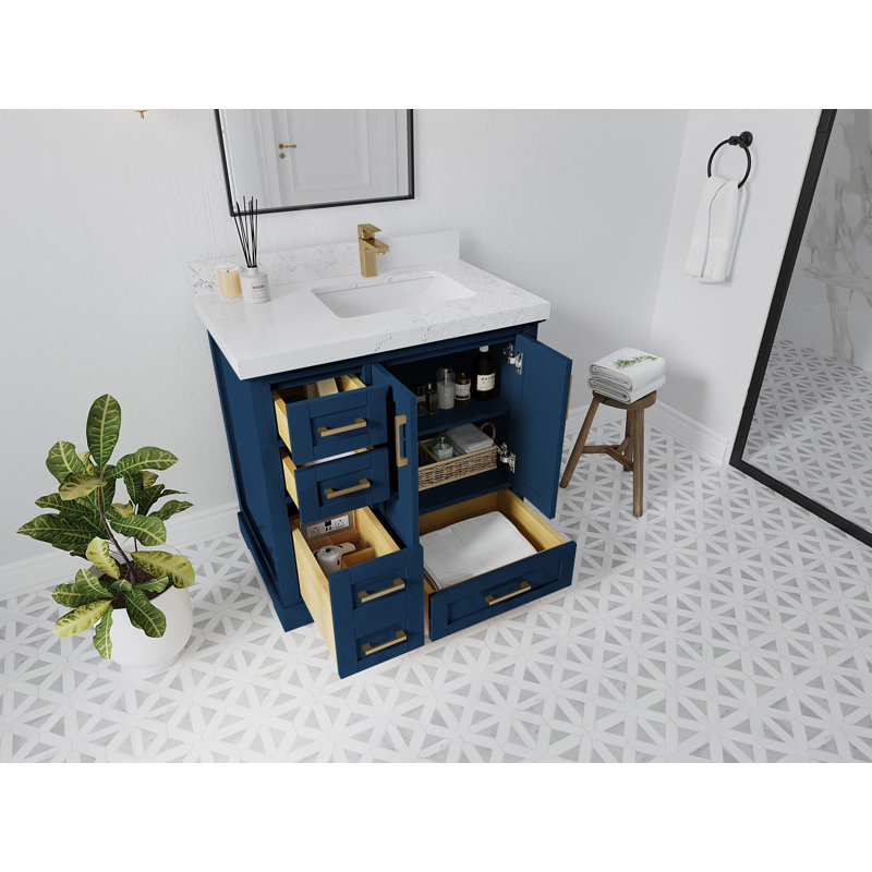 Boston 36 In. W X 22 In. D Right Offset Sink Bathroom Vanity In Navy Blue With Cove Edge Quartz, Calacatta Laza