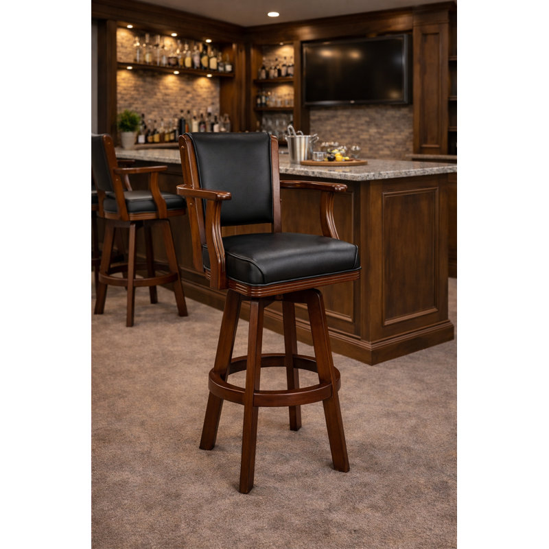   Millender Backed Swivel Solid Wood Bar Stool with Arms By RAM Game Room, Chestnut