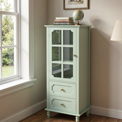Tall Storage Cabinet with Glass Doors, Sideboard Cabinet with 2 Drawers, Narrow Wood Cupboard for Living Room, Entryway, Mint Green