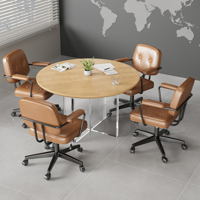 31.5"A round small conference table can accommodate four people.