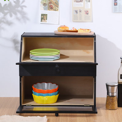 Black Bamboo Kitchen Storage Cabinet Bread Bin Organizer Box For Countertop