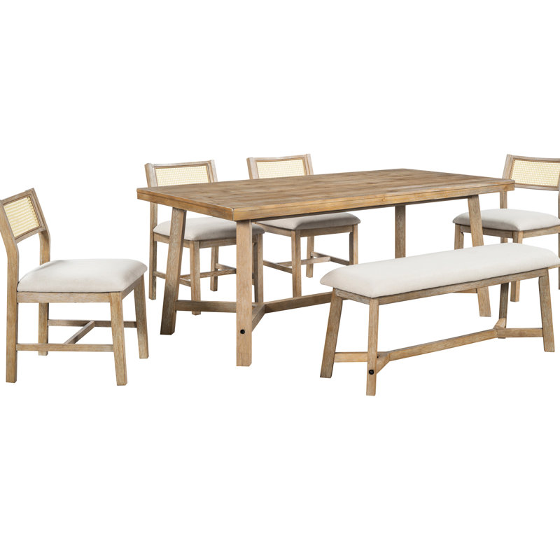 6 tables de salle à manger rétro: table rectangulaire, 4 chaises rembourrées et banc pour votre maison au charme rustique