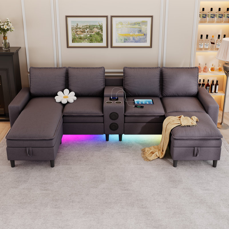 Canapé d'angle modulaire en forme de U 5 places de 120 pouces avec poufs de rangement, haut-parleur Bluetooth, éclairage RVB et station de recharge