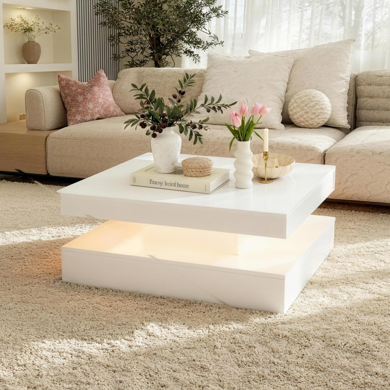 Modern High-Gloss Coffee Table with 16-Color LED Lights & Sliding Drawers for Living Room, 2, White