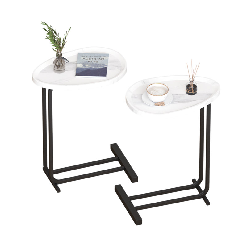 2-Pieces C-Shaped Side Table C Table Living Room End Table Wood End Table With Metal Frame, White