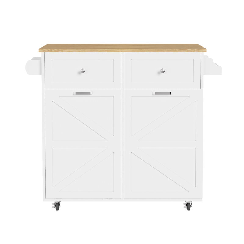Îlot de cuisine 35,4 po Rubab avec armoire à poubelle, roulettes verrouillables, support à épices et tour, Blanc