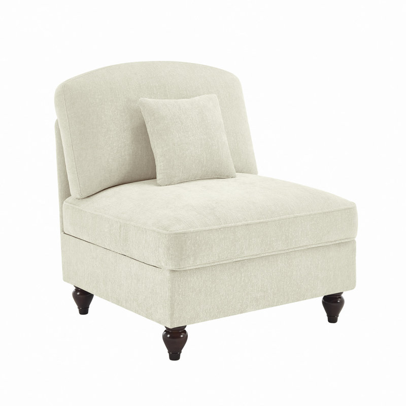 Armless Sofa Chenille W/1 Pillow, Beige/White