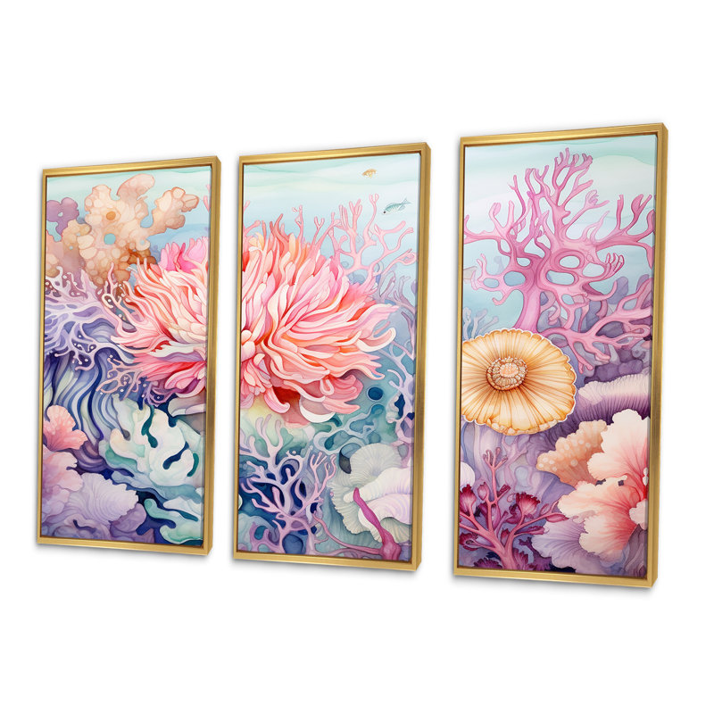 «Colorful Coral Reef Heaven I» - ensemble d'art sur toile corail sous l'eau, Cadre flottant doré, H 32 po x l 48 po x P 1 po