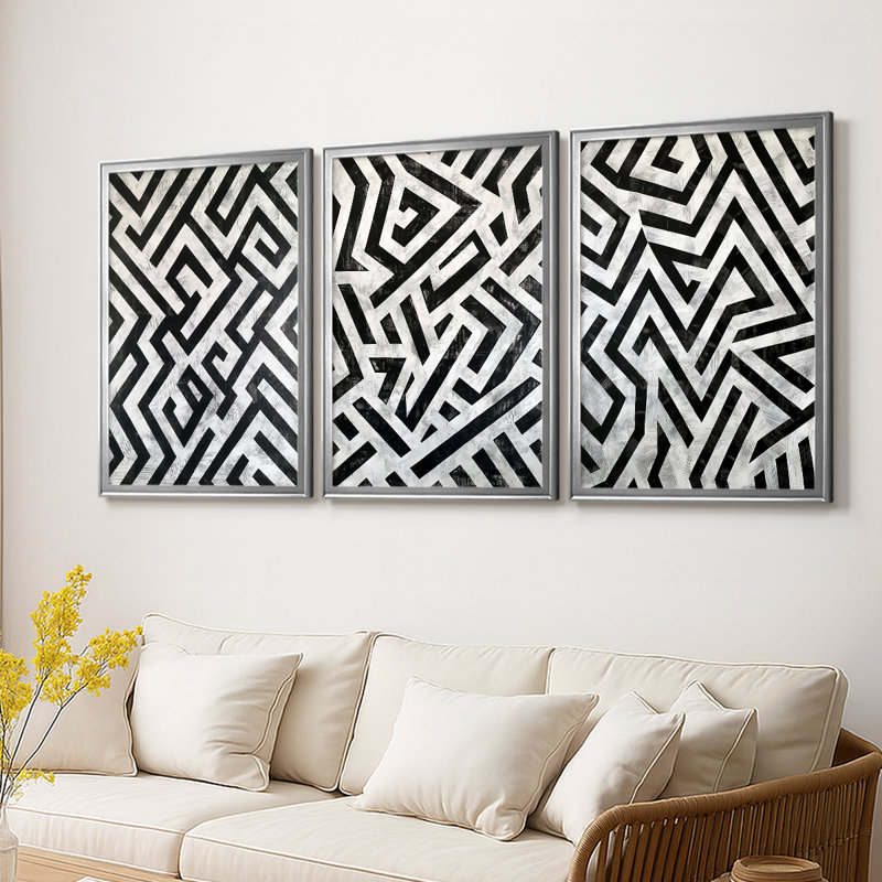 ABSTRACT Series XLIX - Toile tendue avec châssis sur mesure - 3 pièces, H 15 po x l 19 po, Argent argent