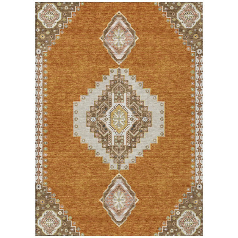 Copper and Beige Rectangular Synthetic Medallion Rug