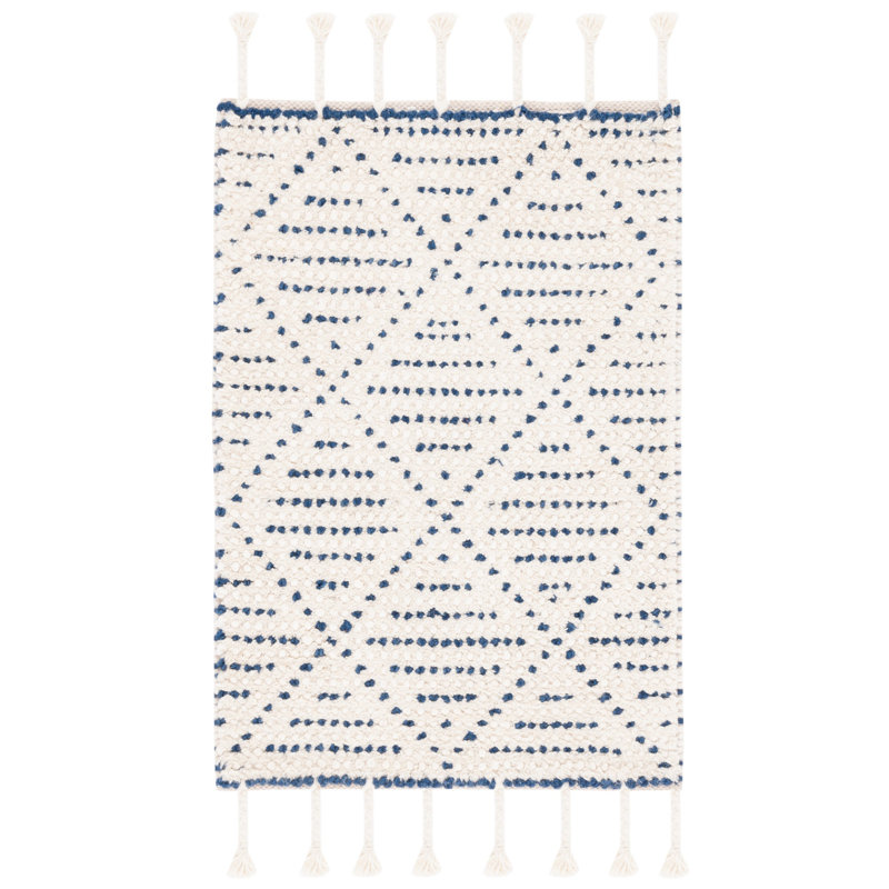Tapis géométrique en laine / coton tissé à la main bleu / ivoire Gulielma, Rectangle 4 pi x 6 pi