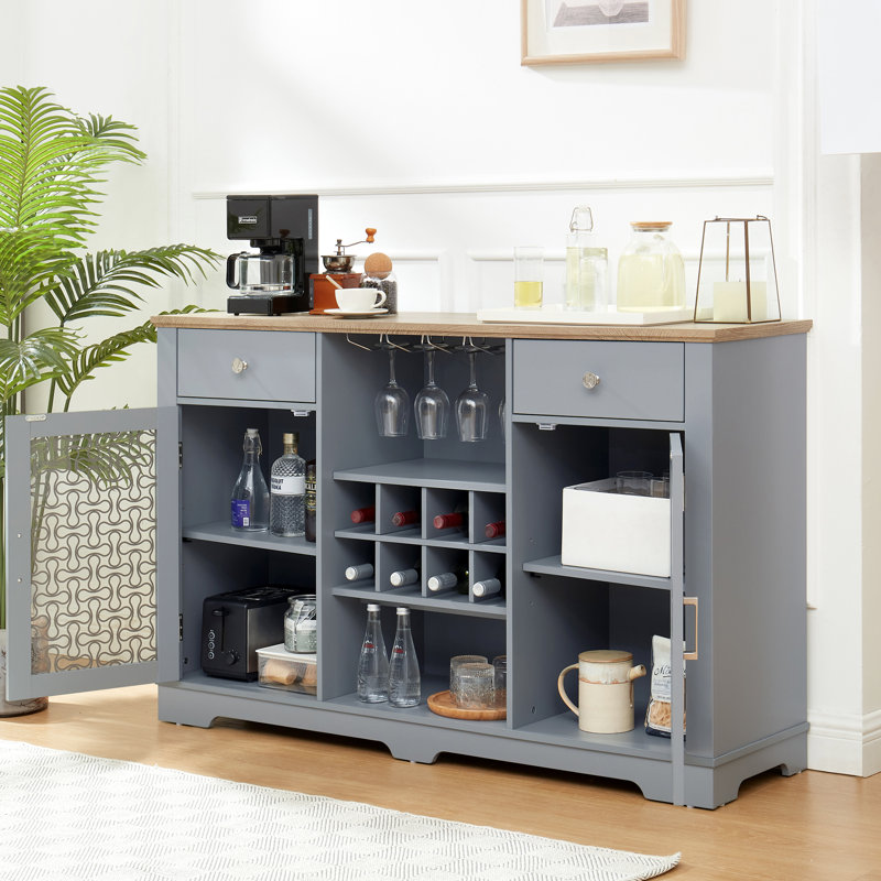 Élégante armoire à buffet, 2 tiroirs, porte-bouteilles en verre et à vin, armoires à portes attrayantes, pour la cuisine et la salle à manger, armoire buffet exquise en chêne bleu avec porte-étagère, salle à manger,