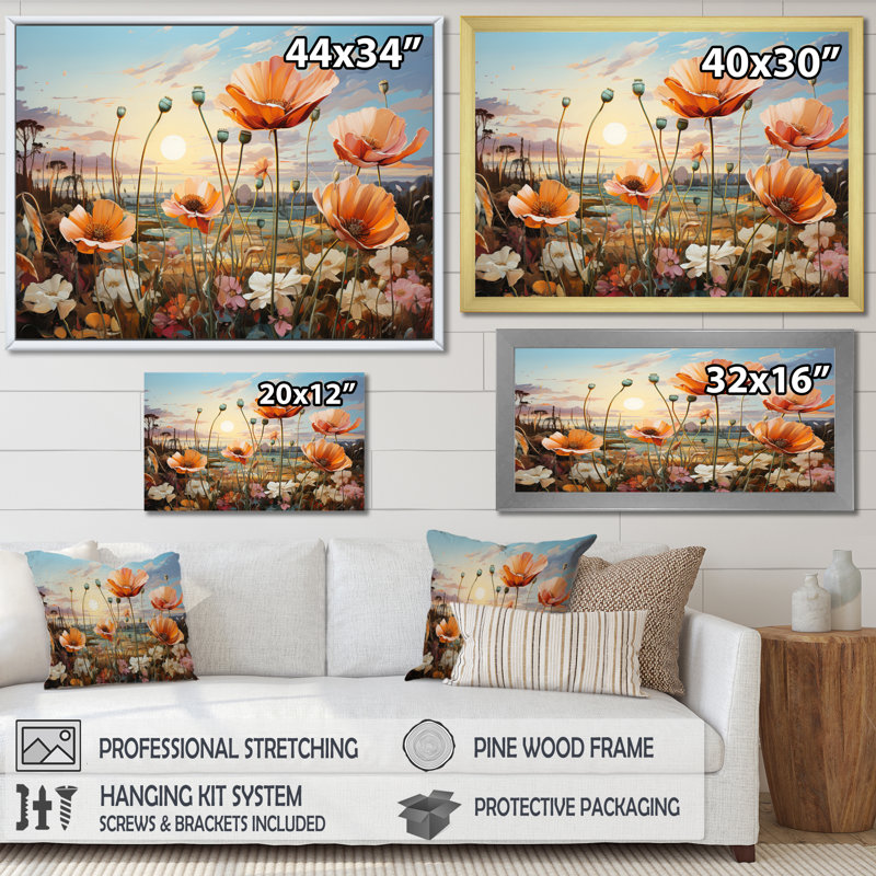 «Peach Sunkissed Petals Wildflowers III», reproduction d'art sur toile, H 24 po x l 32 po x P 1 po, Cadre naturel flottant