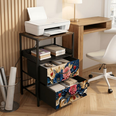Table de chevet 2 tiroirs avec station de charge, table de chevet pour chambre à coucher avec ports USB, tablette ouverte noire, table de chevet avec luxueux arrangement floral