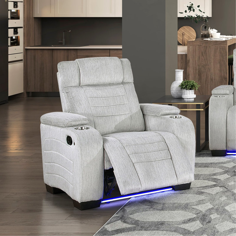 Ensemble de canapés inclinables à DEL de luxe 3 pièces gris clair avec causeuse et accoudoirs avec porte-gobelet et porte-gobelets