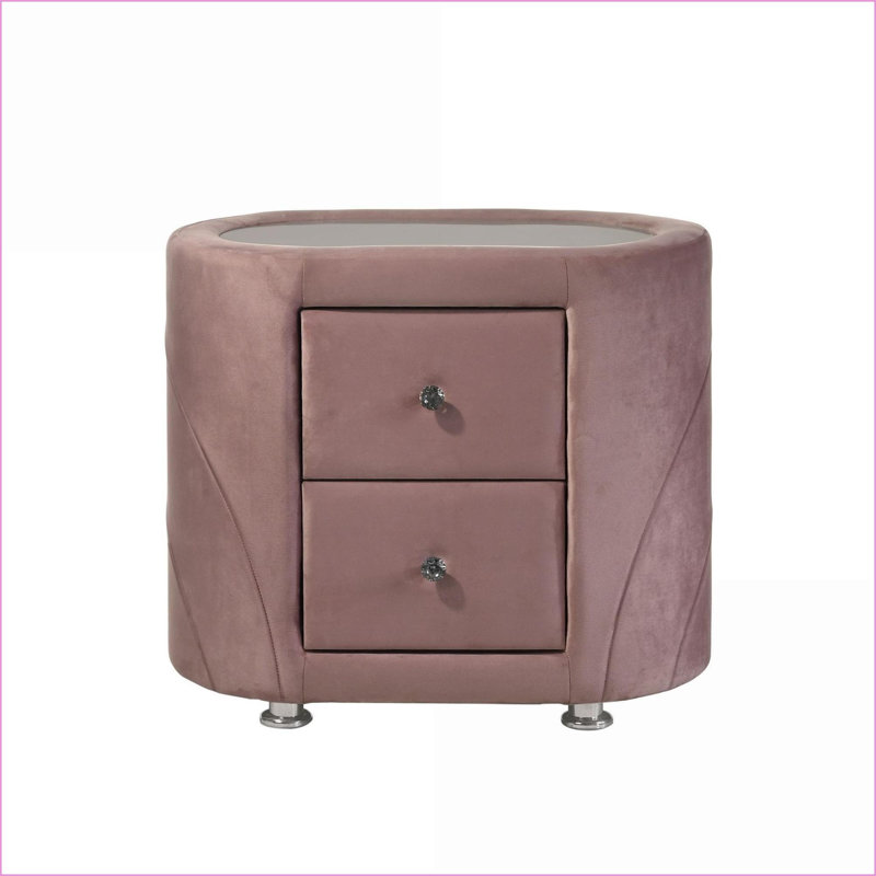 Table de chevet 2 tiroirs en velours rose avec plateau en verre Pieds chromés