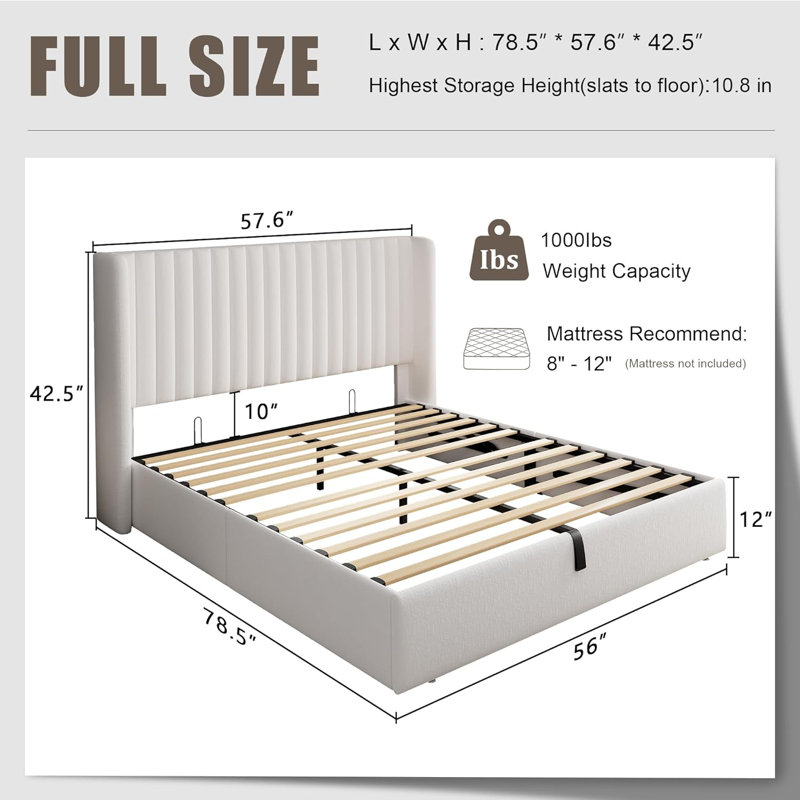 Full Size Lift Up Storage Bed With Wingback Headboard, Upholstered Velvet Bed Frame With Heavy Duty Wooden Slat Support, Hydraulic Storage, Noise Free, Easy Assembly, White