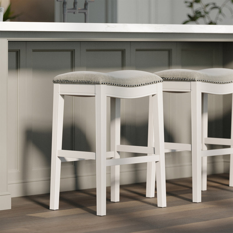 Zoey 31In. Bar-Height Backless Wood Narrow Saddle-Seat Barstool With Nailhead Trim