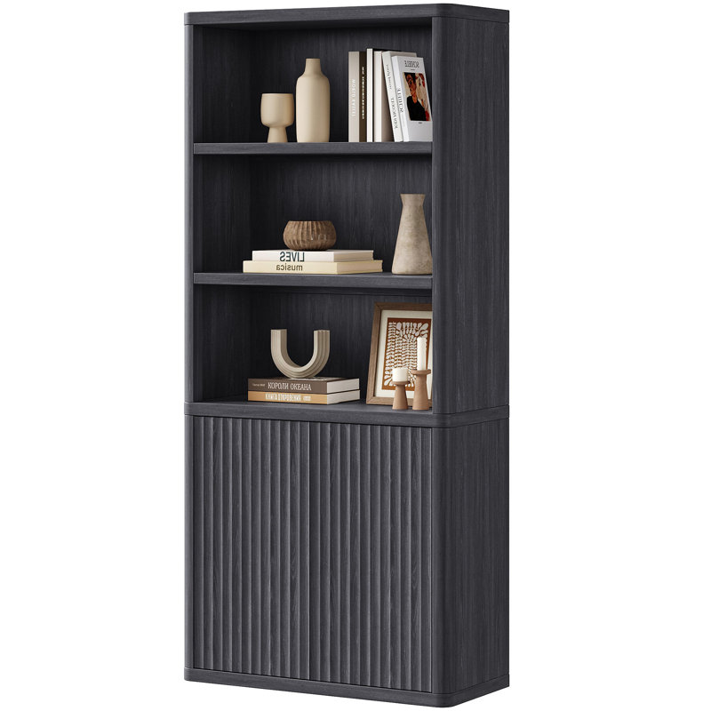 Cesiro 6-Tier Bookcase With 2 Fluted Doors And Adjustable Shelves, Gray White Oak