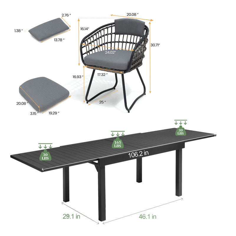 10 - Person 106’’L Patio Dining Set with Gray Cushions and Extendable Aluminum Table, Gray