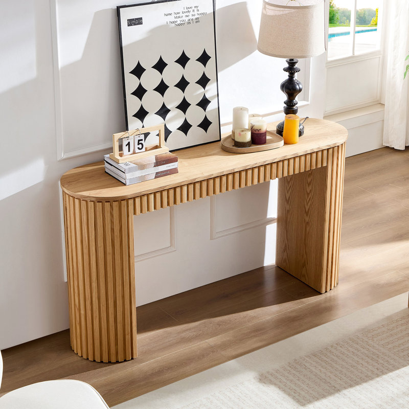 Console décorative courbée 59,83 po avec tiroir à rayures verticales de 59,83 po pour le hall d'entrée - naturel, élégant 59,83 po