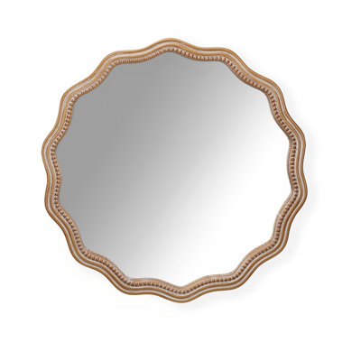 Wood Round Wavy Wall Mirror Round Wall Mirror Scalloped Mirror -Large Decorative Wood Framed Hanging Circle Mirror Modern Farmhouse Decor For Bathroom,Living Room, Nursery Decor