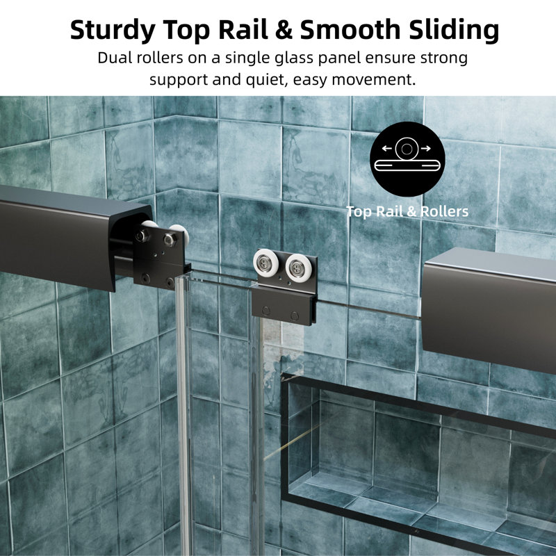 Semi-Frameless Double Sliding Shower Door, 1/4" SGCC Tempered Glass with Quiet Dual Rollers, 48" W x 72" H, Matte Black