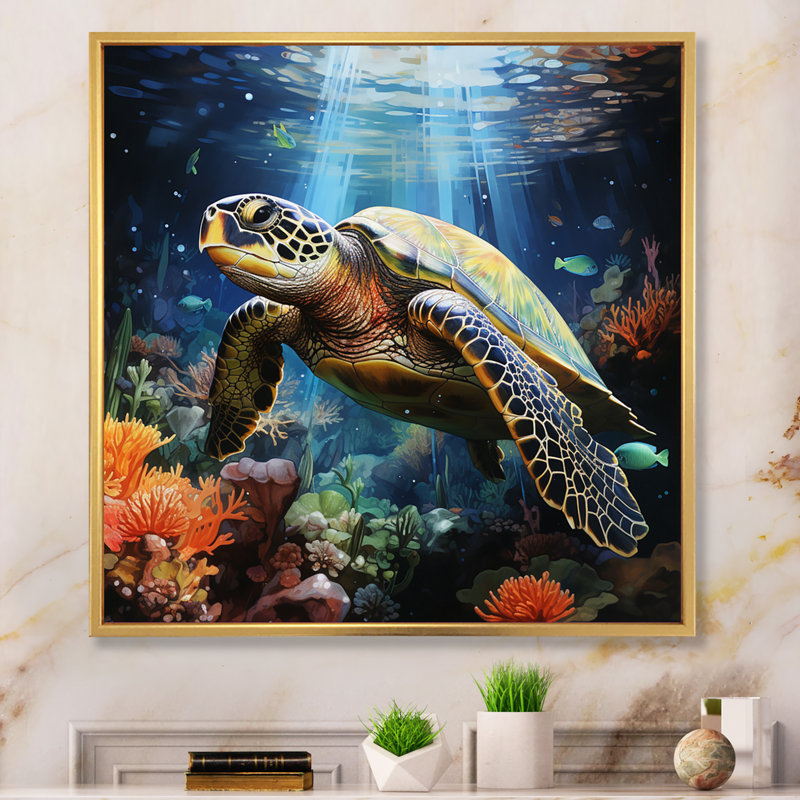 Tortue verte et bleue, animaux marins, art mural, H 16 po x l 16 po, Cadre flottant doré