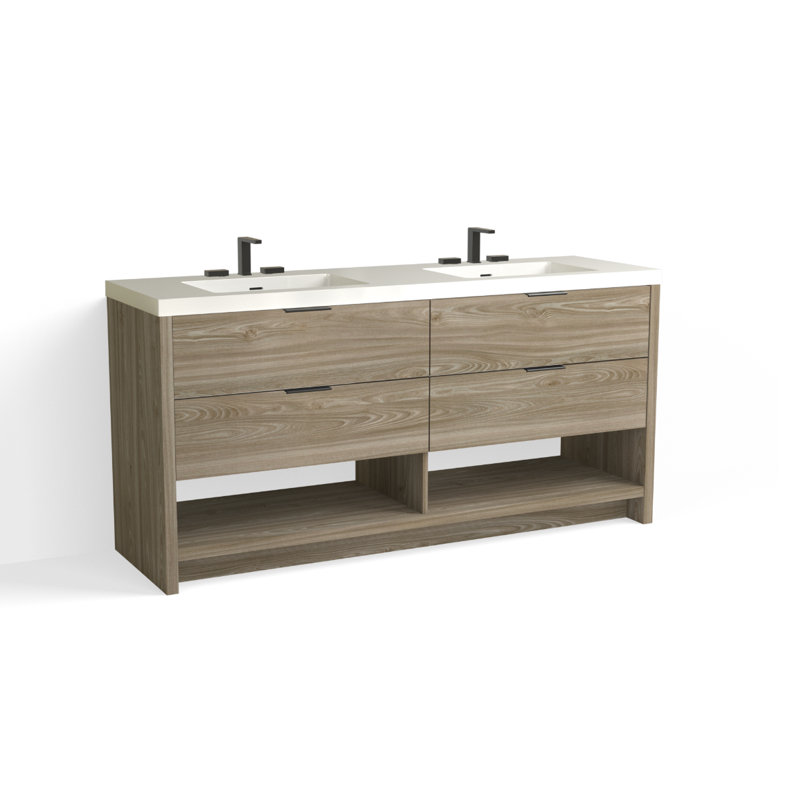 Vue 72" W Freestanding Double Bathroom Vanity, Nimbus, Glossy White/8" Widespread, Matte Black