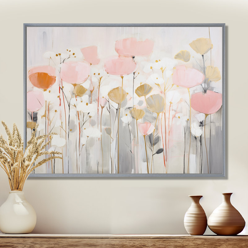«Pink Blossoming Garden - Abstract Botanicals», reproduction sur toile, 30" H x 40" W, Encadrement argenté