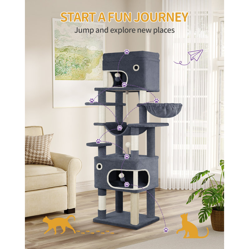 Cat Tree for Indoor Cats, Multi-layer Scratching Post with Large Platform, 2 Caves, 7 Sisal Posts, Pompoms, Cat Basket, Hammock, Suitable for Cats