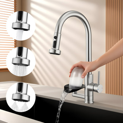 High-Arc Pull-Down Sprayer Kitchen Faucet With Built-In Glass Rinser