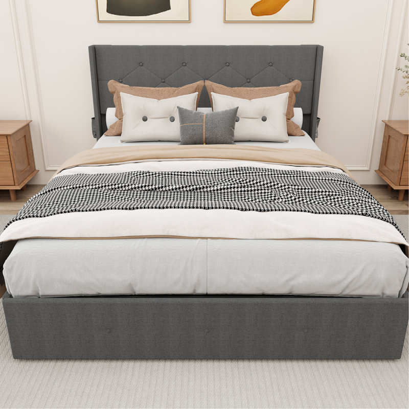 Lit de rangement double avec vérin à gaz, tête de lit moderne à oreilles, hublots, revêtement en tissu gris foncé, aucun sommier tapissier requis, revêtement en lin rembourré de mousse, requis