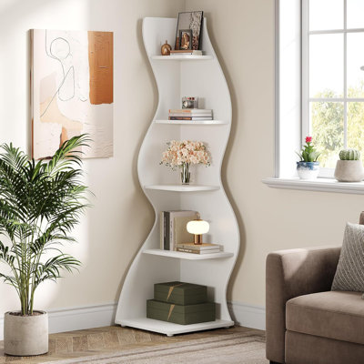 69.8"Height 5-Tier Wavy White Corner Bookshelf and Plant Stand for Living Room Small Space