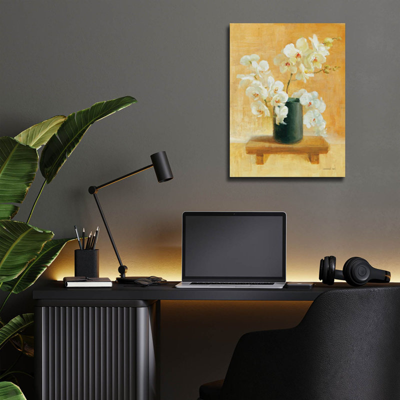 Art mural en verre «White Orchids In Black Vase» par Danhui Nai, H 16 po x l 12 po x P 0,13 po