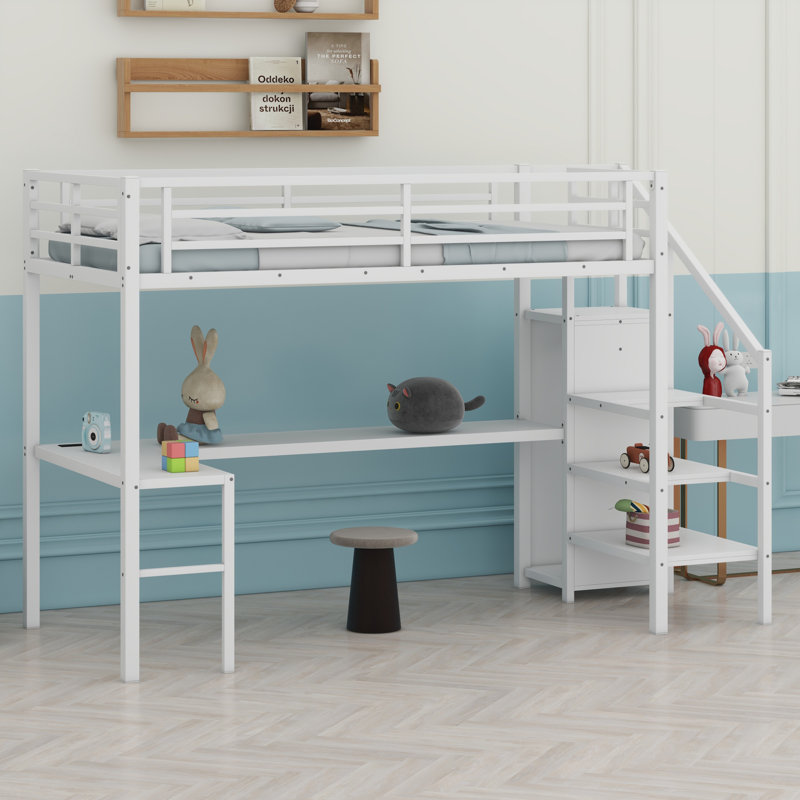 Metal Loft Bed With L-Shaped Desk And USB, Wardrobe And  Shelf, High Loft Bed With LED For Kids Teens Adults, White, Twin XL