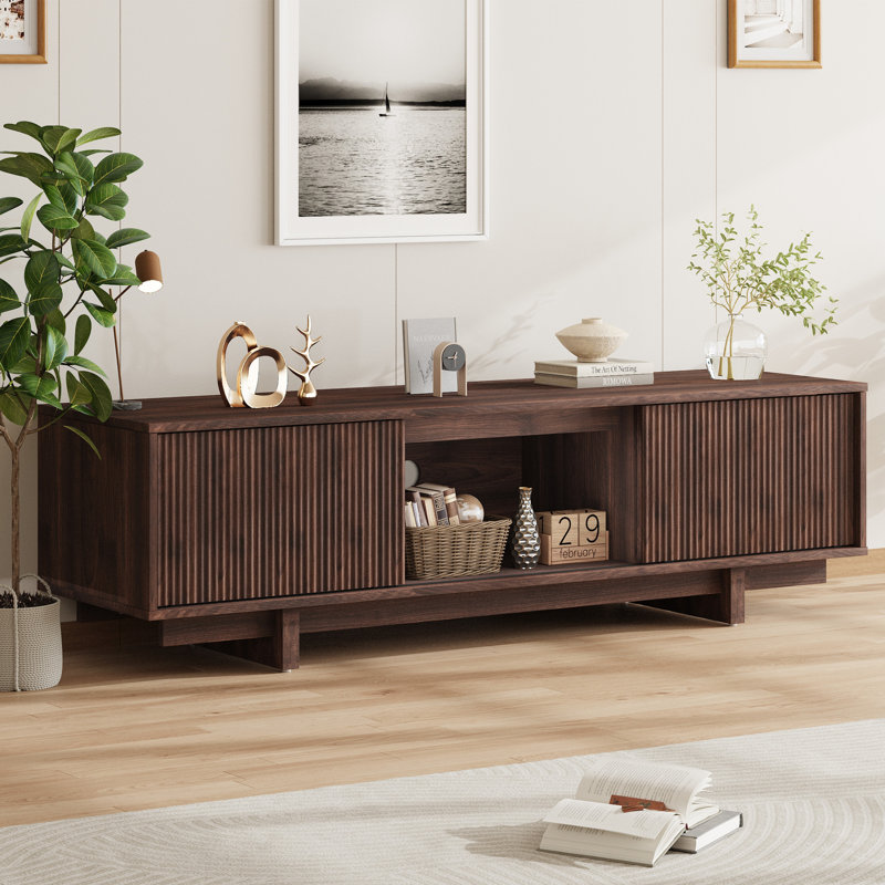 55 Inch Farmhouse Media Console, Mid Century TV Stand with Wave Pattern Door, Storage Entertainment Center for Living Room, Walnut