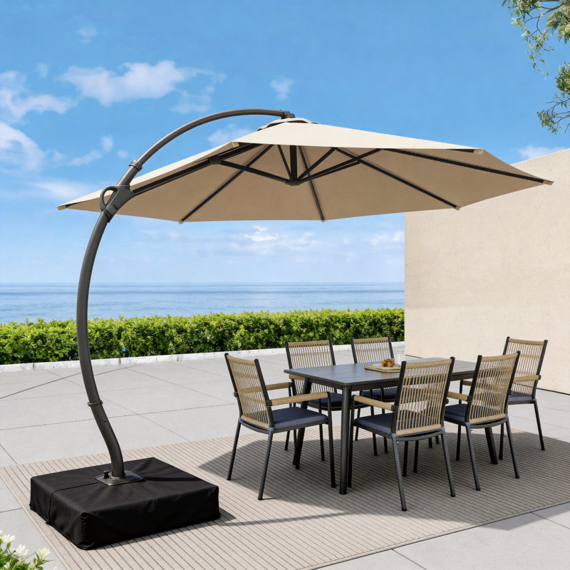 Parasol en porte-à-faux en aluminium Kristy avec base incluse, Champagne, H 108 po x l 132 po x P 132 po, Fabric Sandbag Base