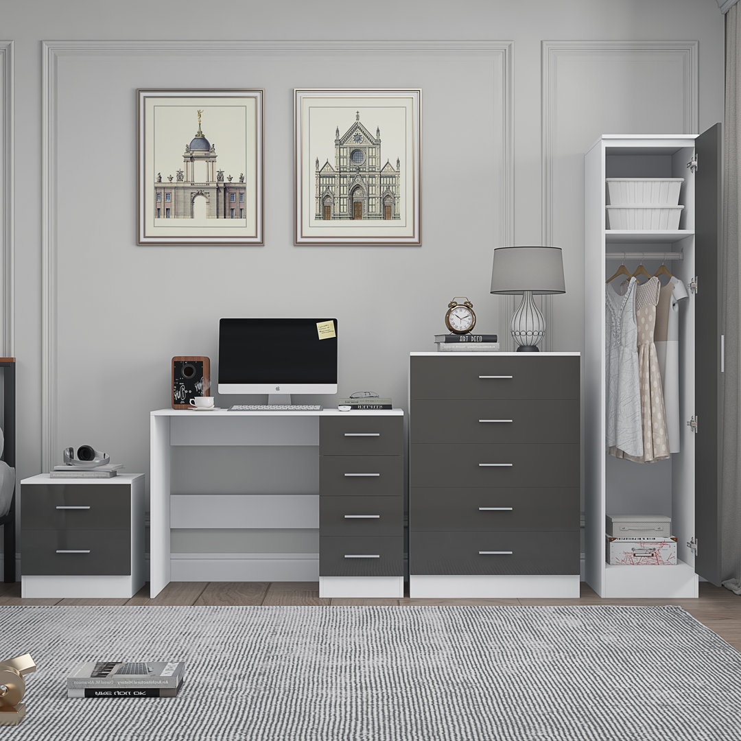 Eva High Gloss 1 Door Plain Wardrobe 4 Piece Bedroom Study Set