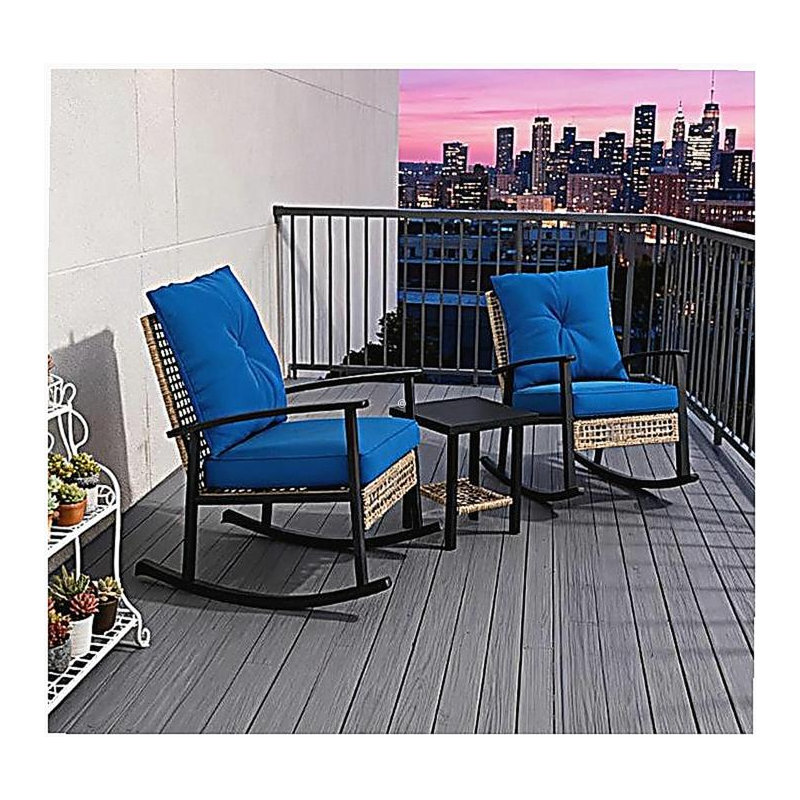 Rattan Rocking Chairs, Coffee Table,Button Tufted Cushions with Patio Furniture Set, Blue